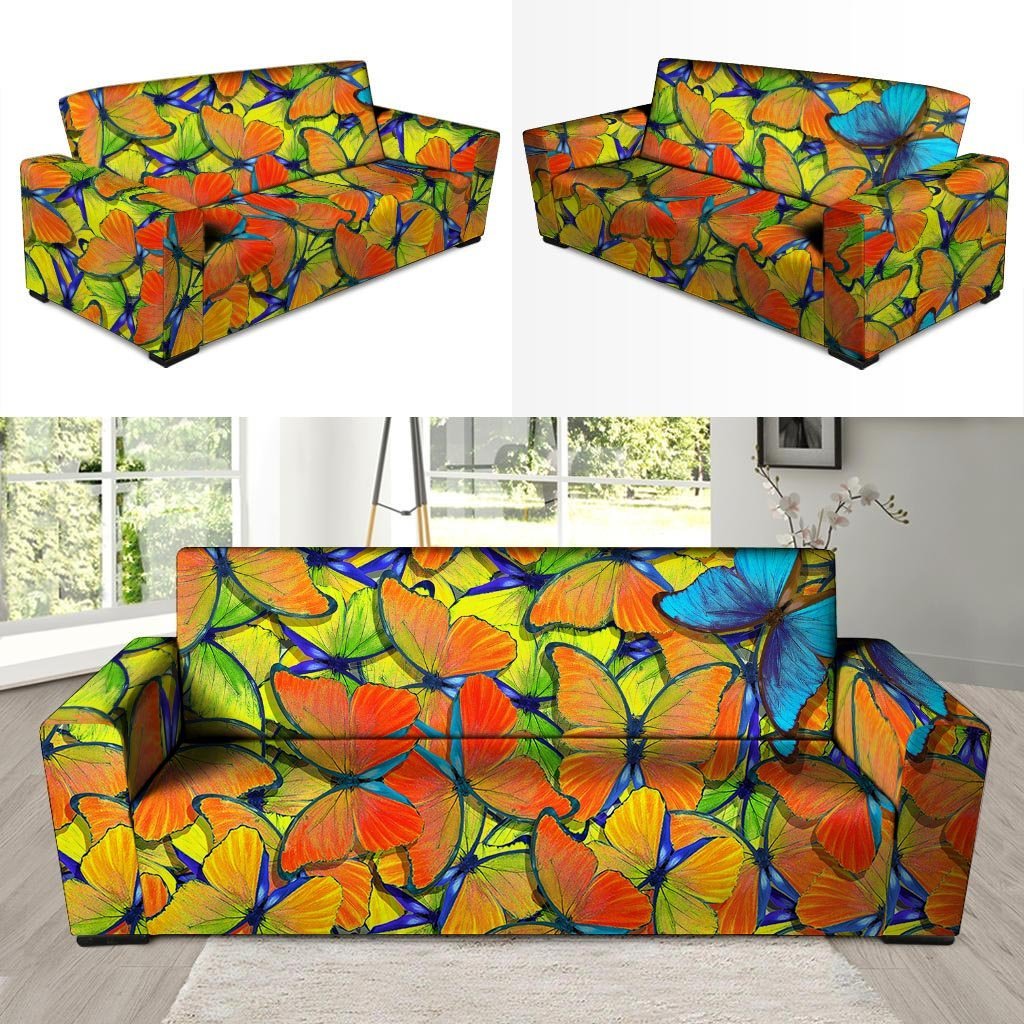 Orange And Blue Butterfly Print Sofa Cover-grizzshop