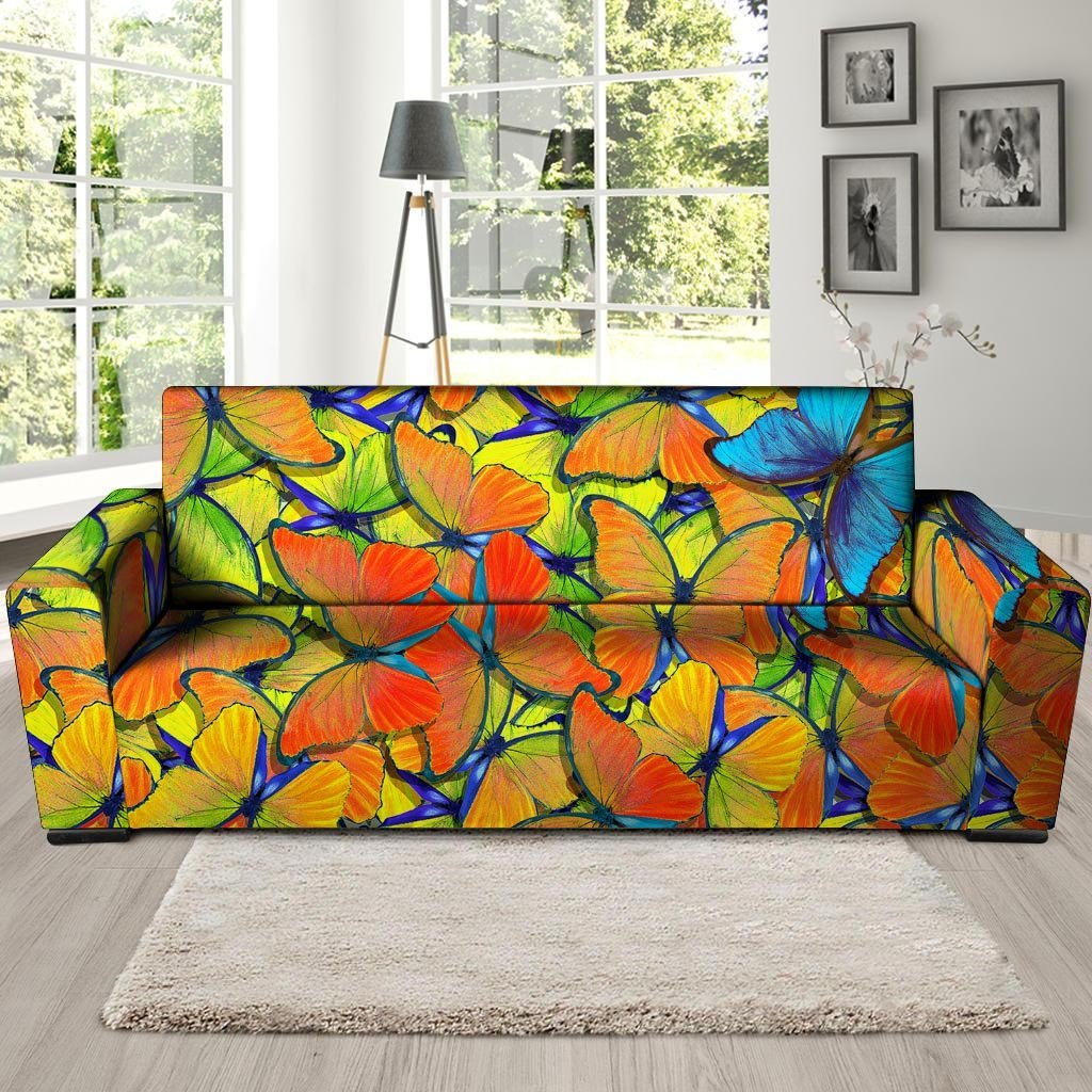 Orange And Blue Butterfly Print Sofa Cover-grizzshop