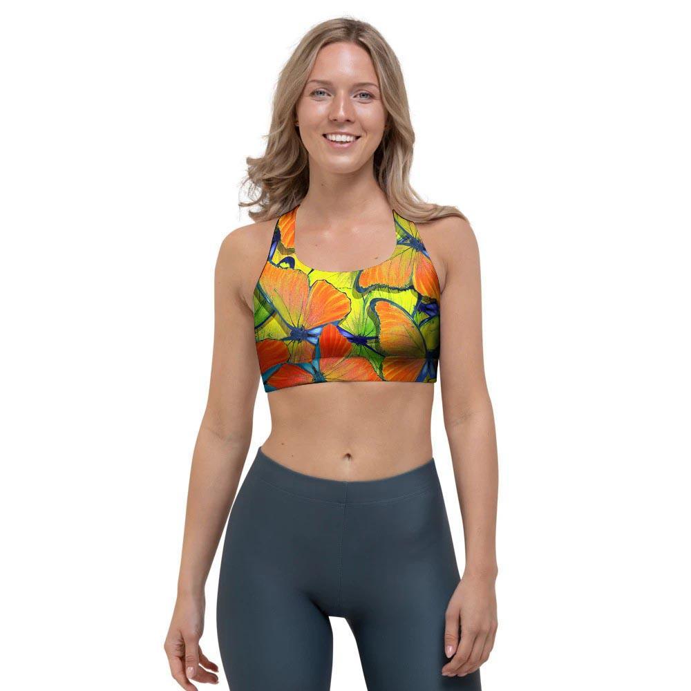 Orange And Blue Butterfly Print Sports Bra-grizzshop