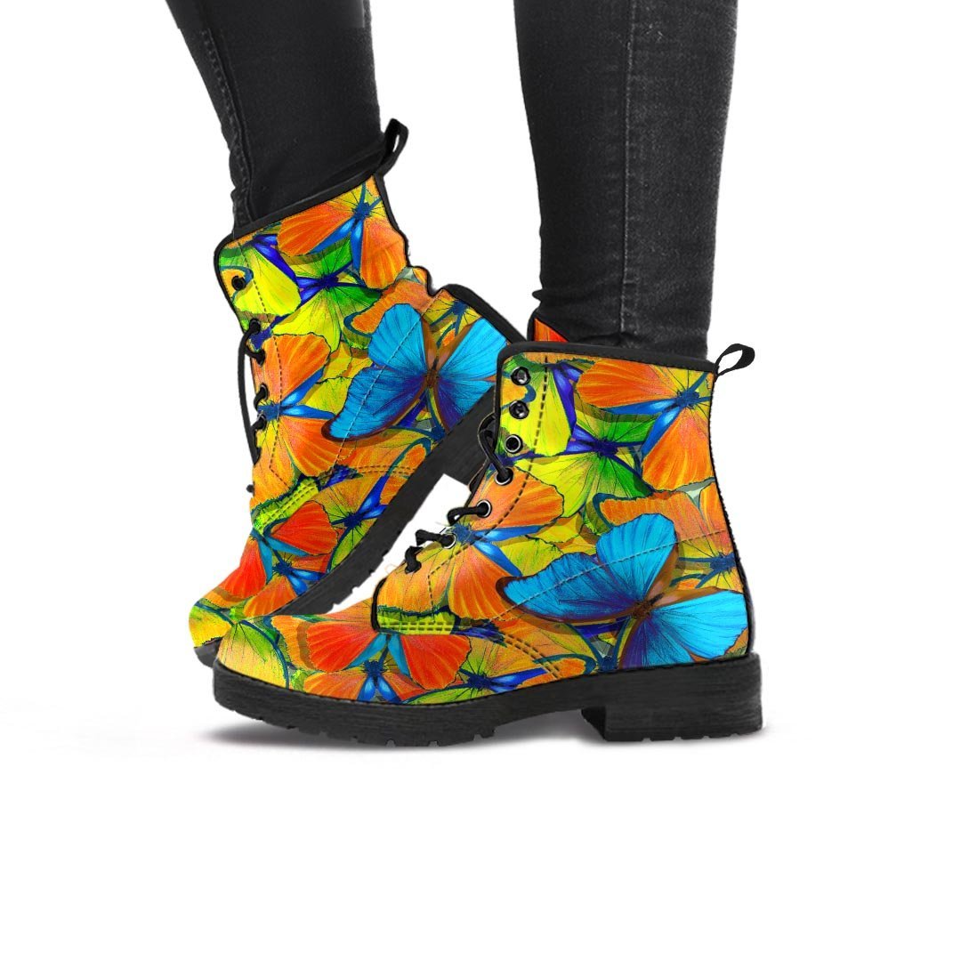 Orange And Blue Butterfly Print Women's Boots-grizzshop