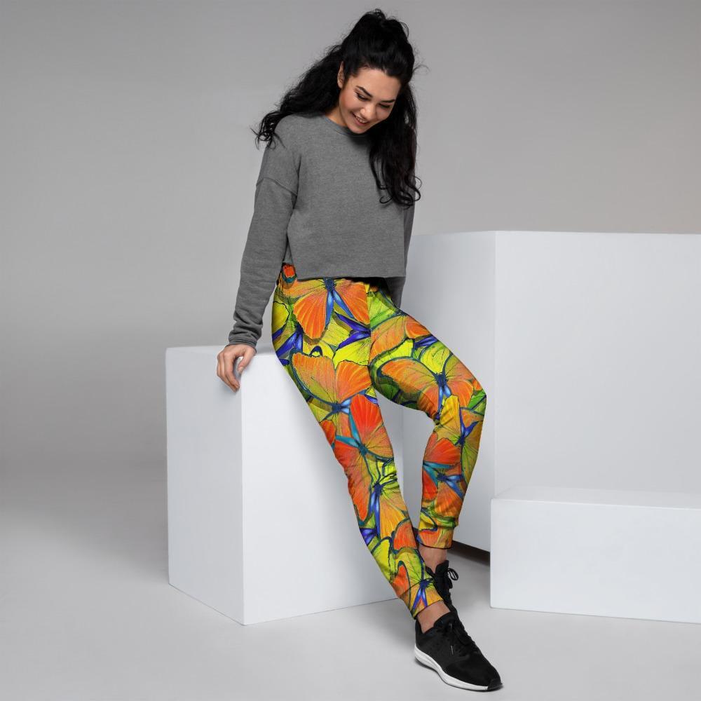 Orange And Blue Butterfly Print Women's Joggers-grizzshop