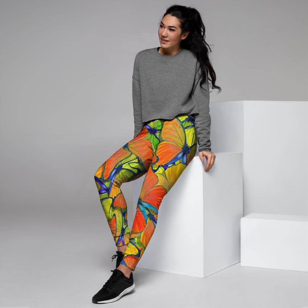 Orange And Blue Butterfly Print Women's Joggers-grizzshop