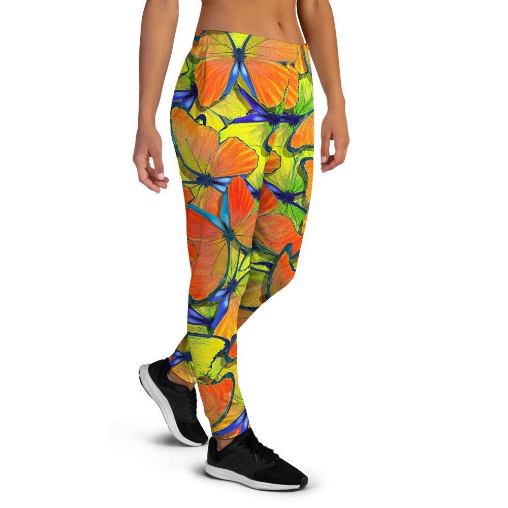 Orange And Blue Butterfly Print Women's Joggers-grizzshop