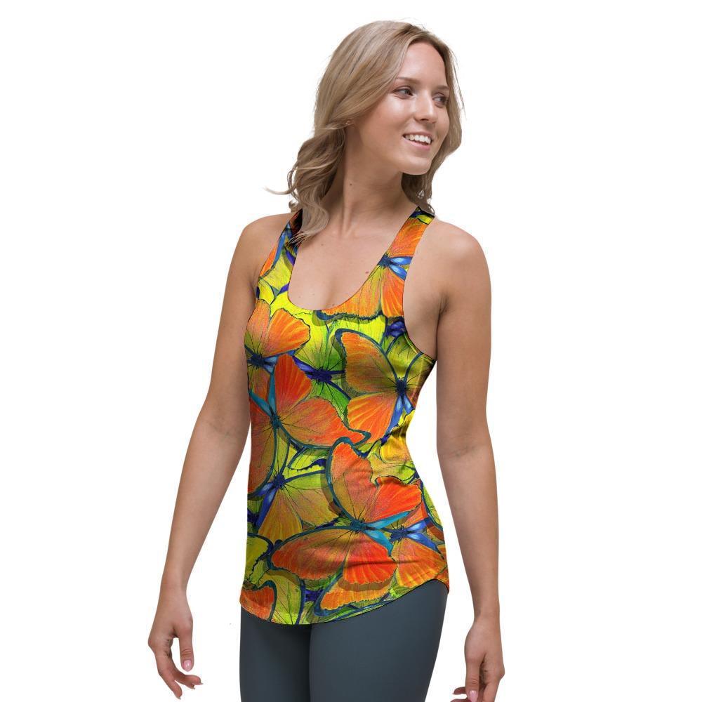 Orange And Blue Butterfly Print Women's Racerback Tank Top-grizzshop