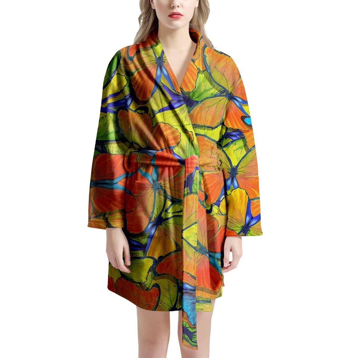 Orange And Blue Butterfly Print Women's Robe-grizzshop