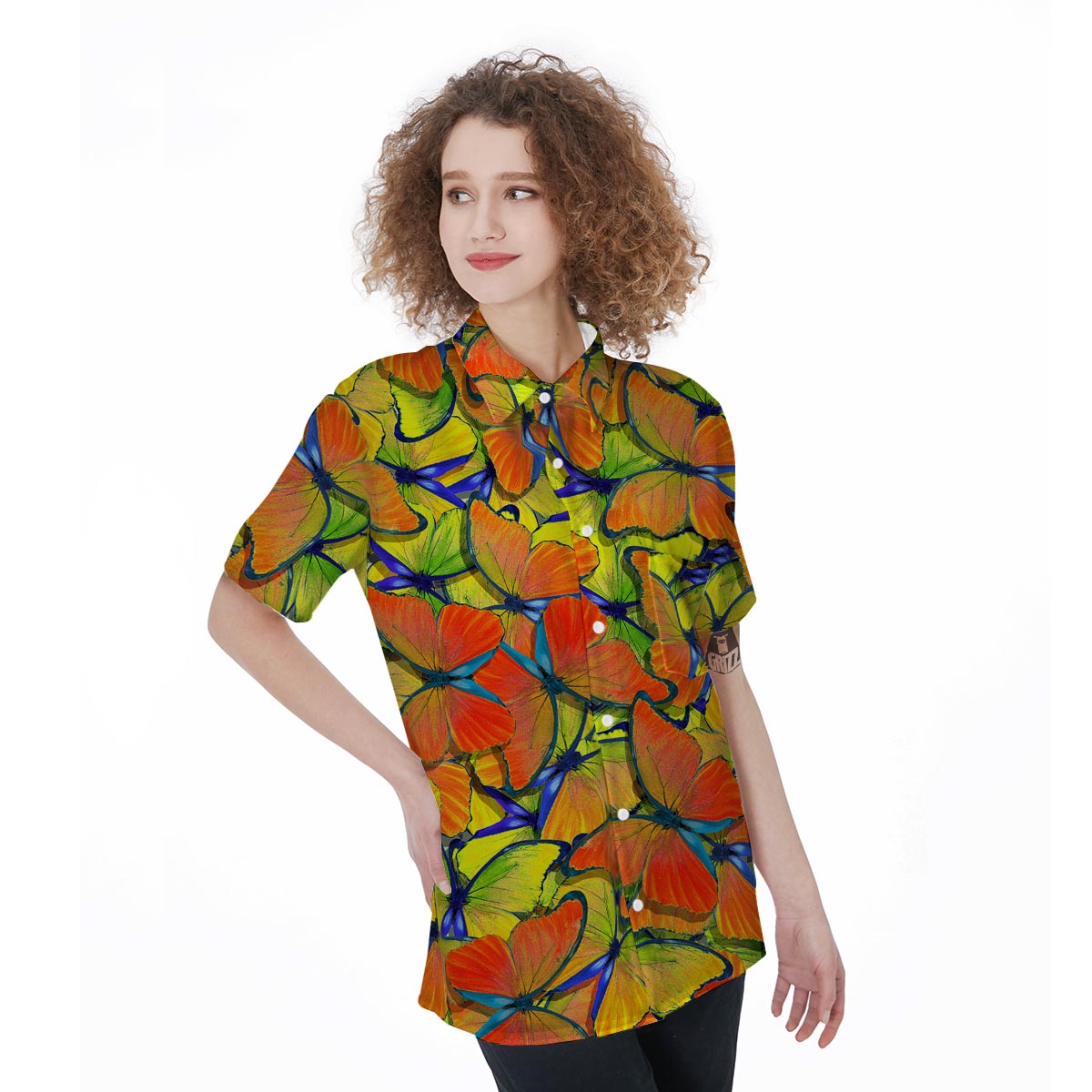 Orange And Blue Butterfly Print Women's Short Sleeve Shirts-grizzshop