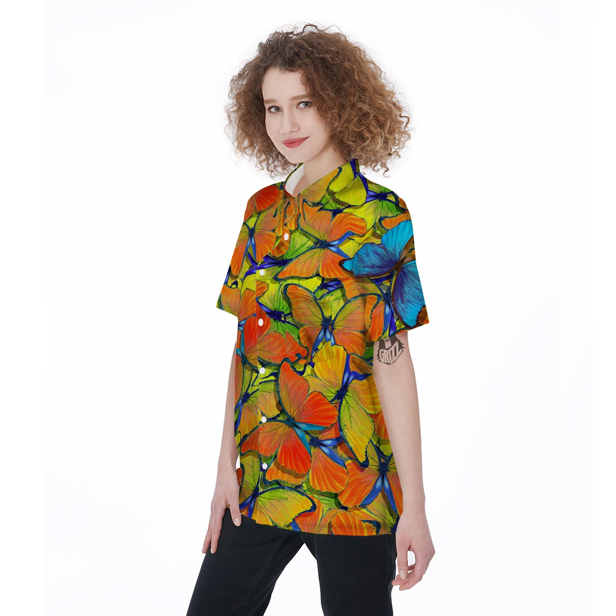 Orange And Blue Butterfly Print Women's Short Sleeve Shirts-grizzshop