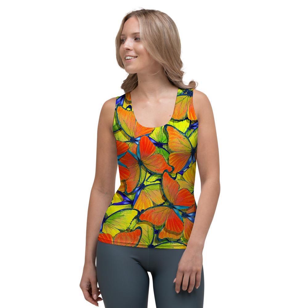Orange And Blue Butterfly Print Women's Tank Top-grizzshop