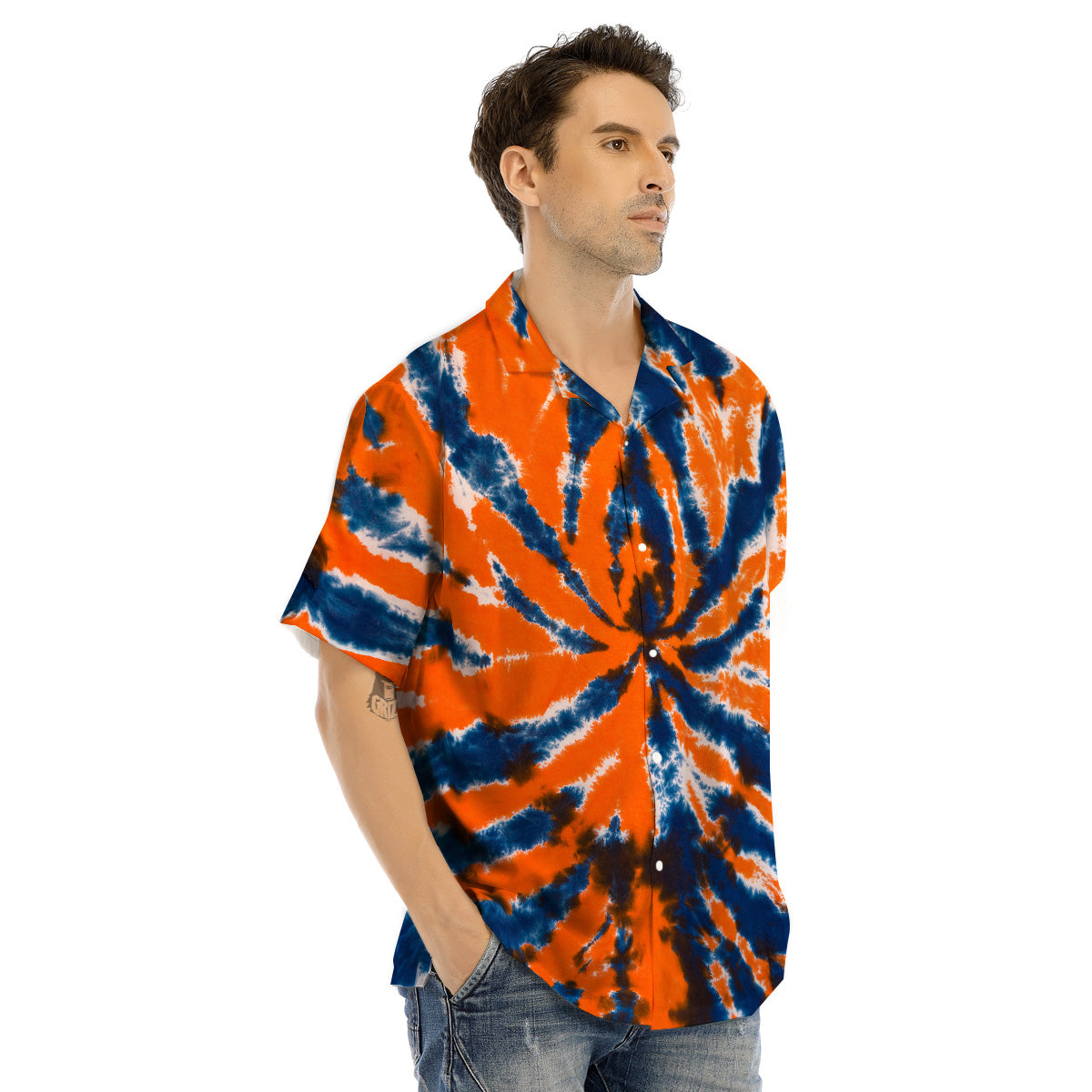 Orange And Blue Tie Dye Spider Print Men's Hawaiian Shirt-grizzshop