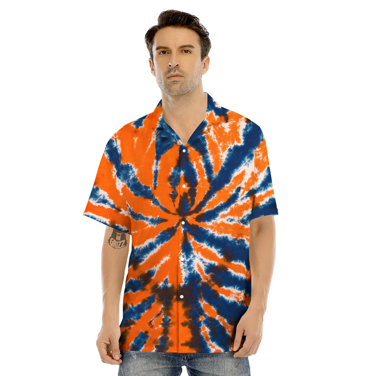Orange And Blue Tie Dye Spider Print Men's Hawaiian Shirt-grizzshop