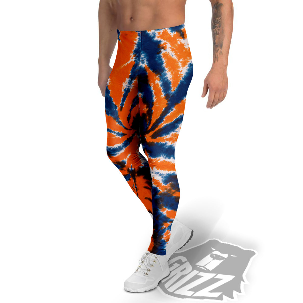 Orange And Blue Tie Dye Spider Print Men's Leggings-grizzshop