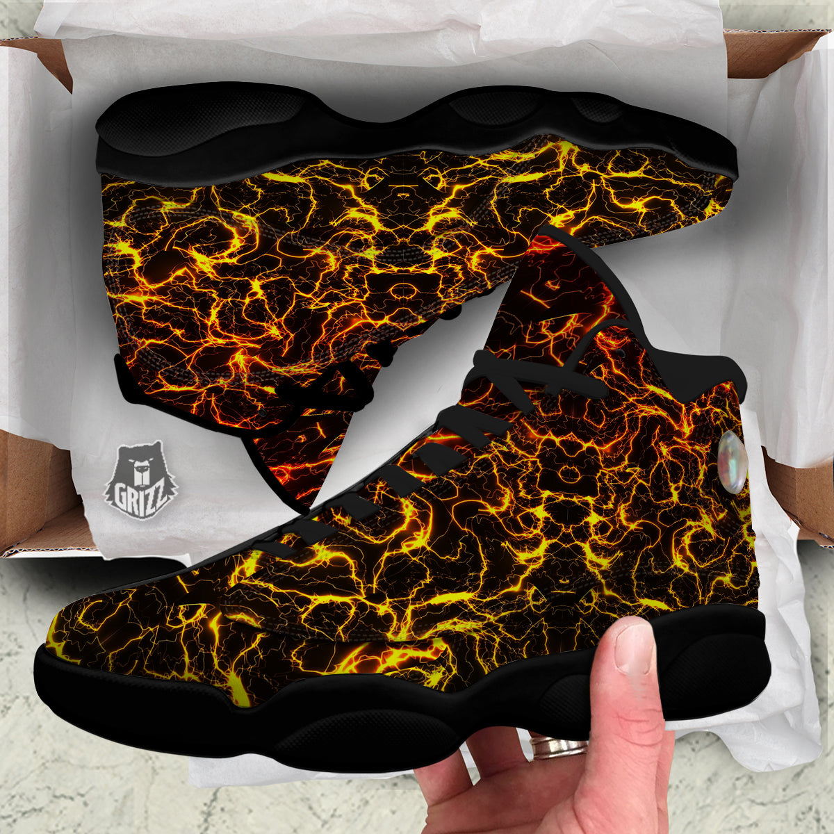 Orange And Gold Lightning Print Black Basketball Shoes-grizzshop
