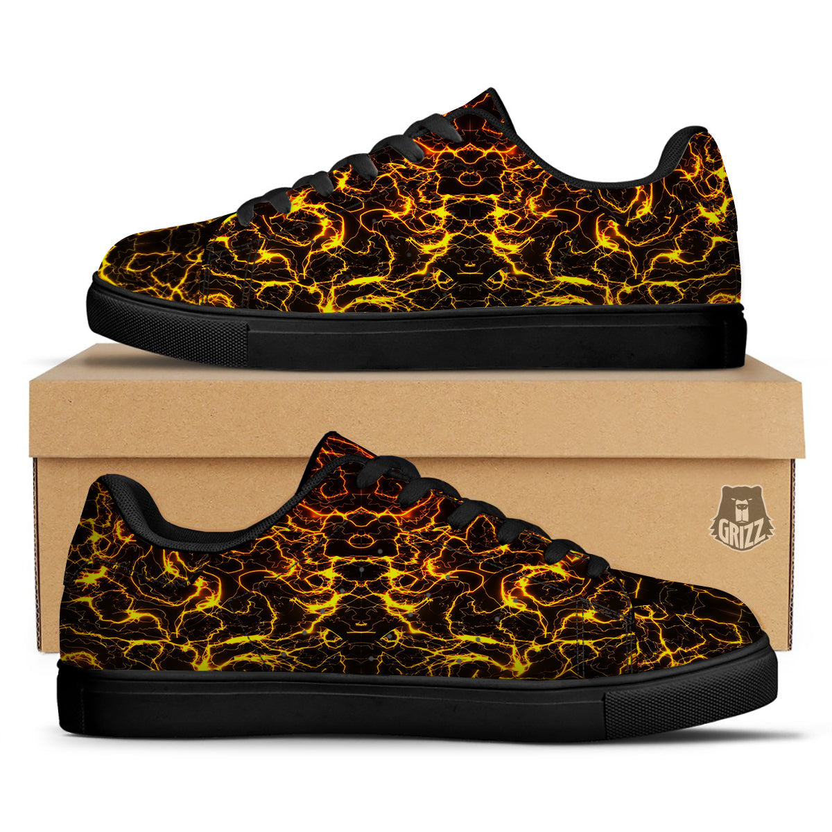 Orange And Gold Lightning Print Black Low Top Sneakers-grizzshop