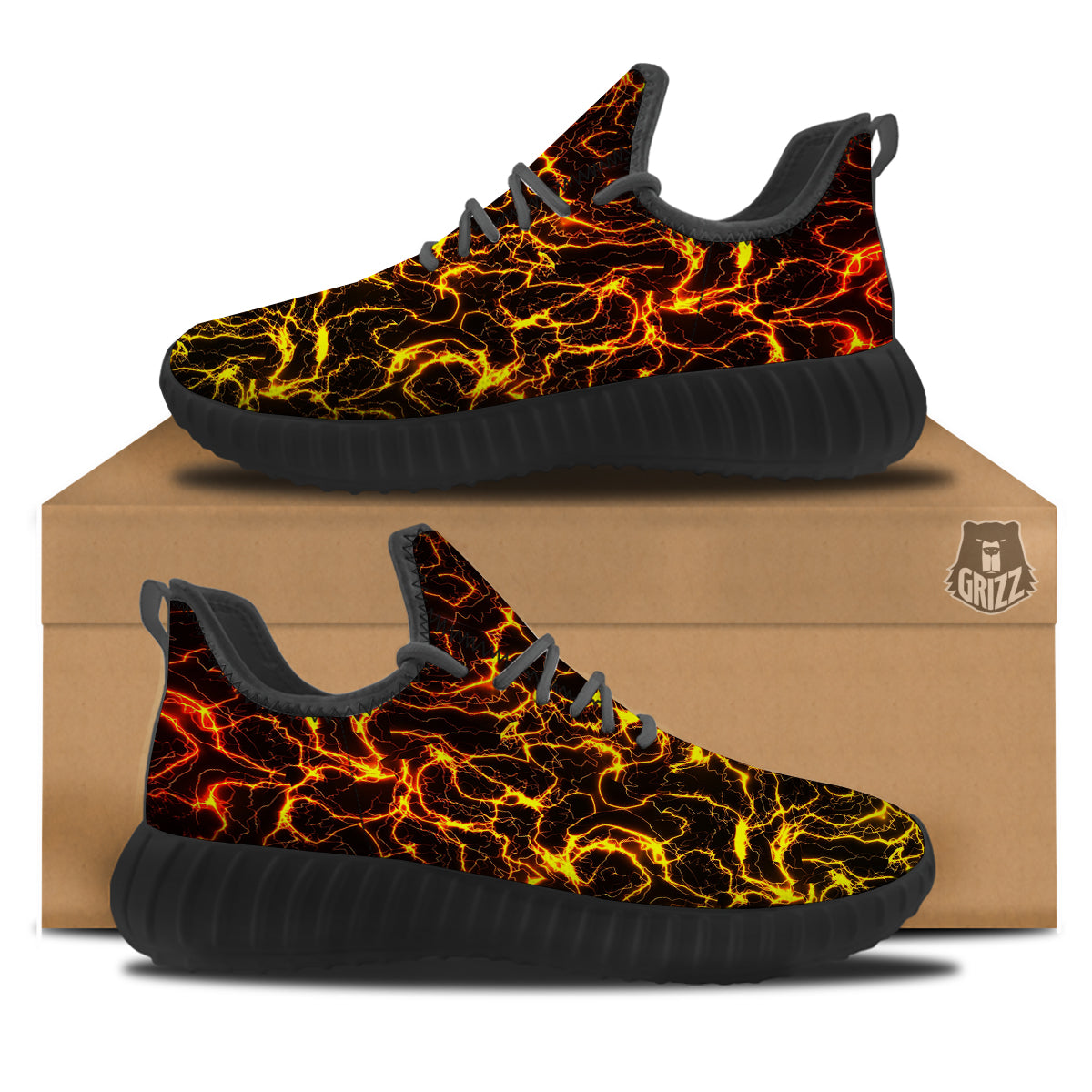 Orange And Gold Lightning Print Black Walking Shoes-grizzshop