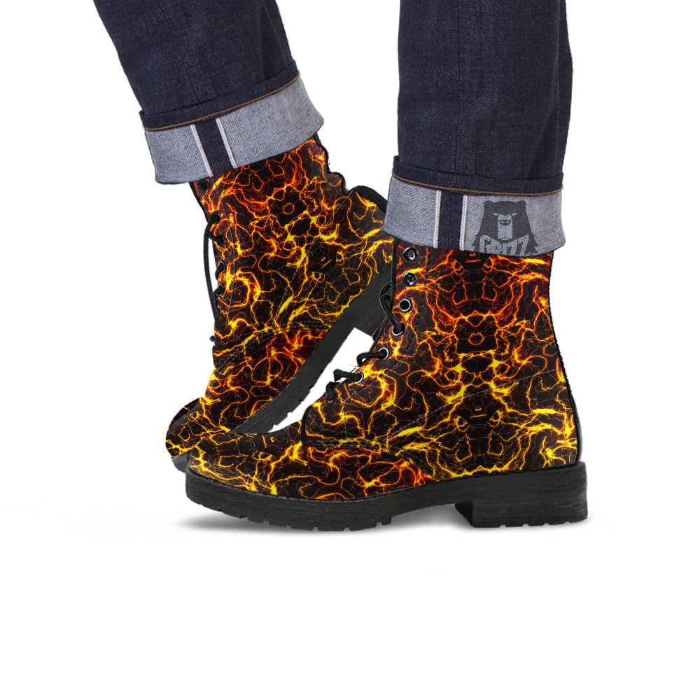 Orange And Gold Lightning Print Leather Boots-grizzshop