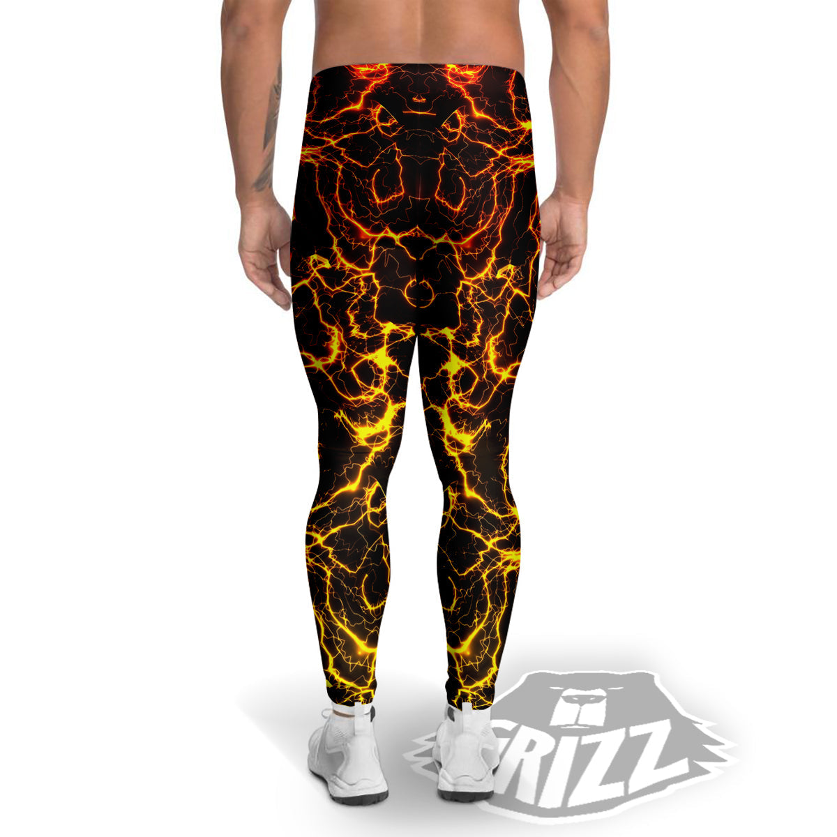 Orange And Gold Lightning Print Men's Leggings-grizzshop