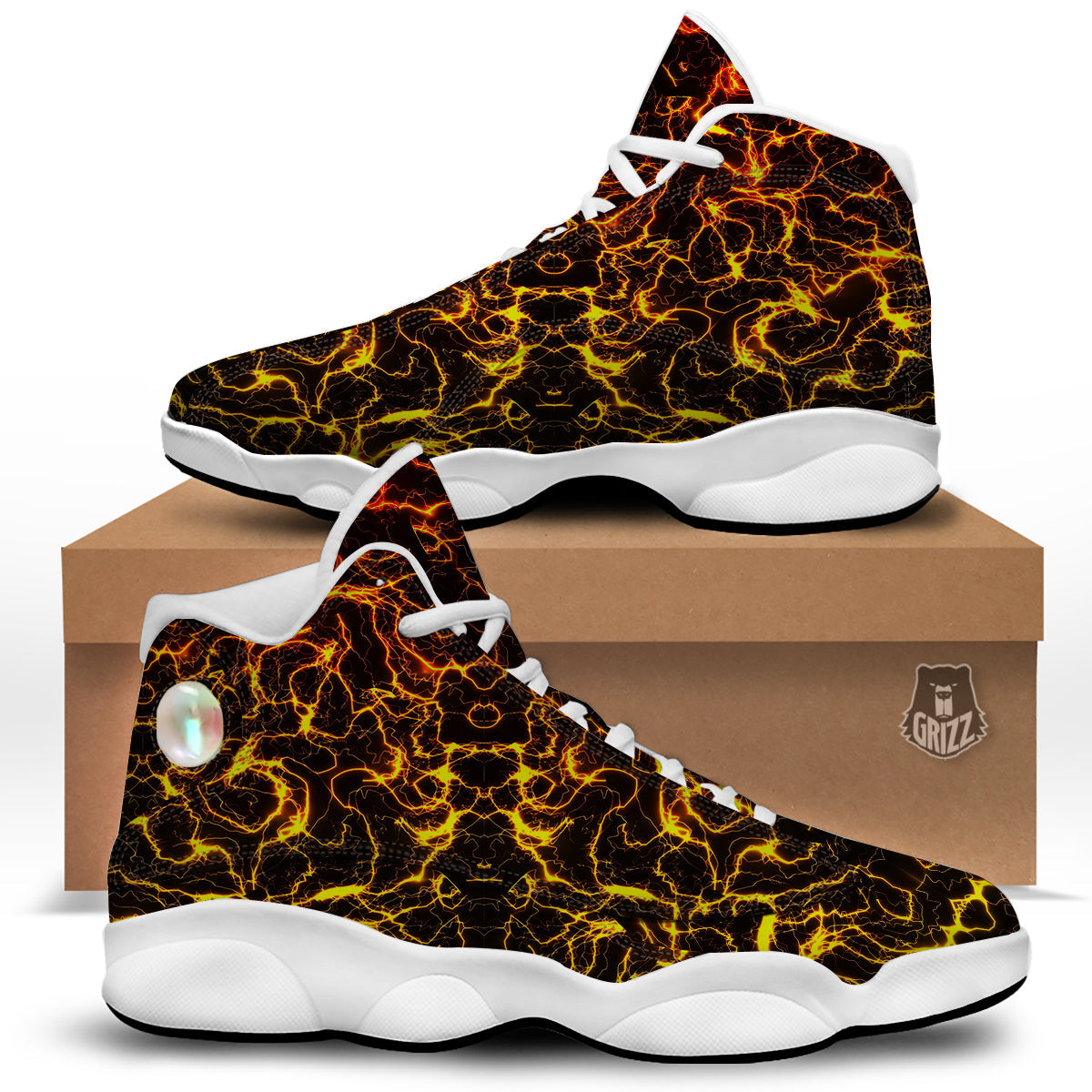 Orange And Gold Lightning Print White Basketball Shoes-grizzshop