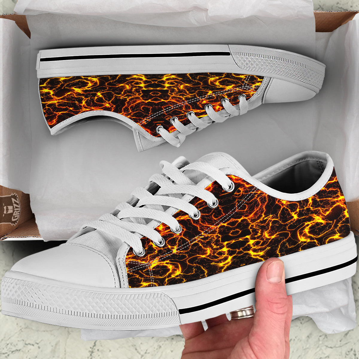 Orange And Gold Lightning Print White Low Top Shoes-grizzshop