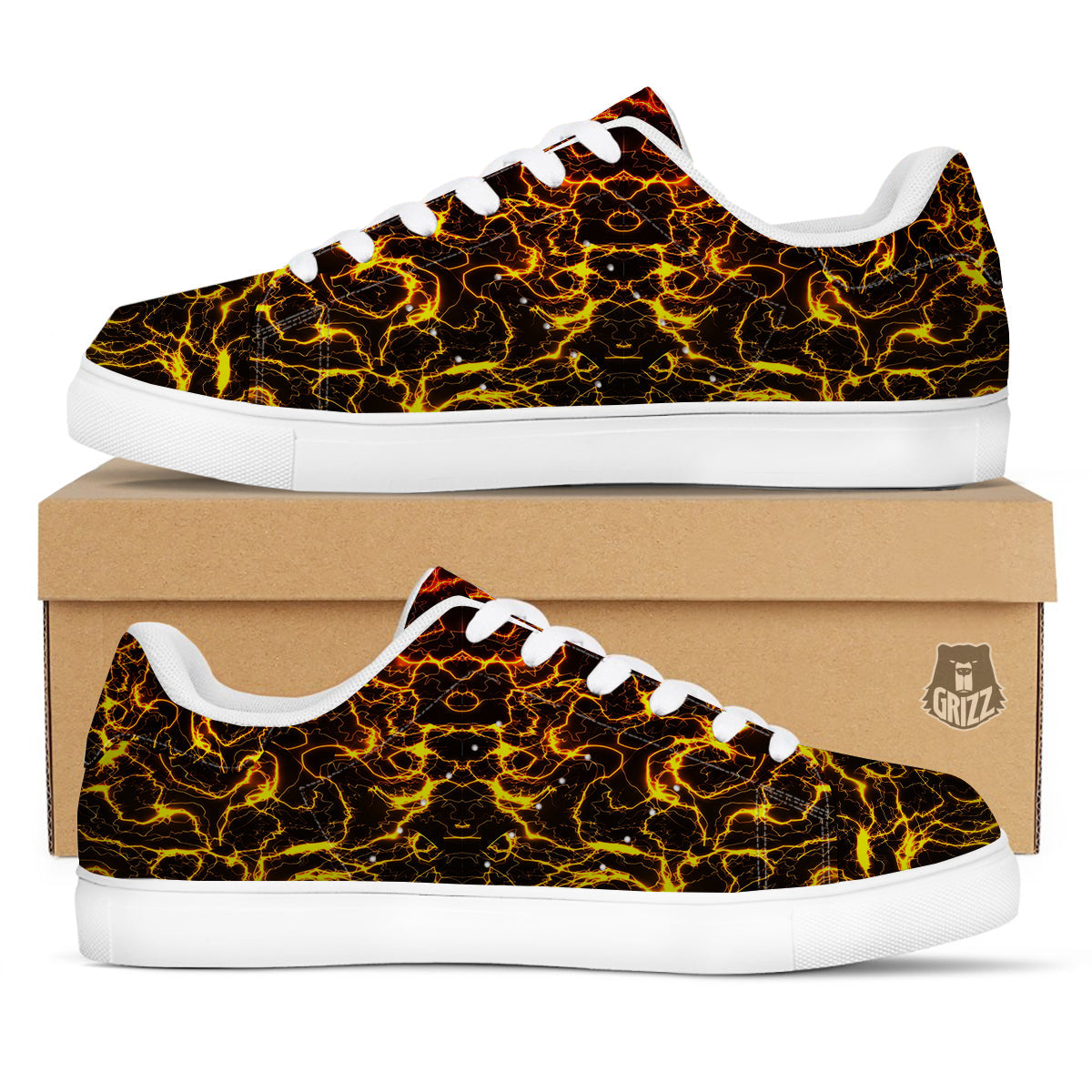 Orange And Gold Lightning Print White Low Top Sneakers-grizzshop