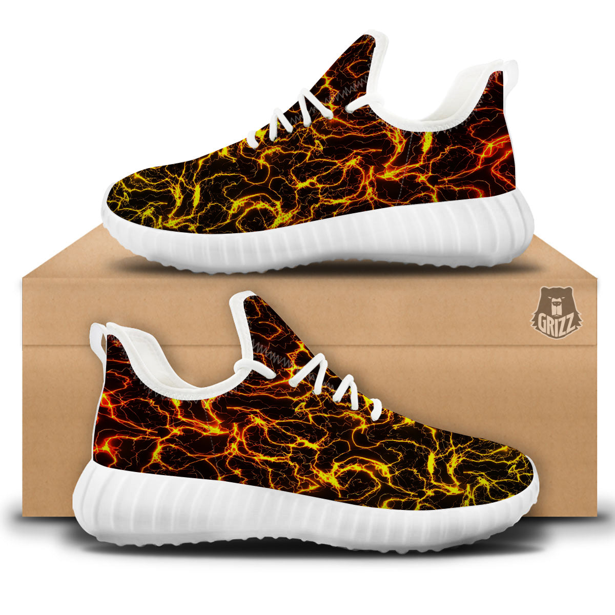 Orange And Gold Lightning Print White Walking Shoes-grizzshop