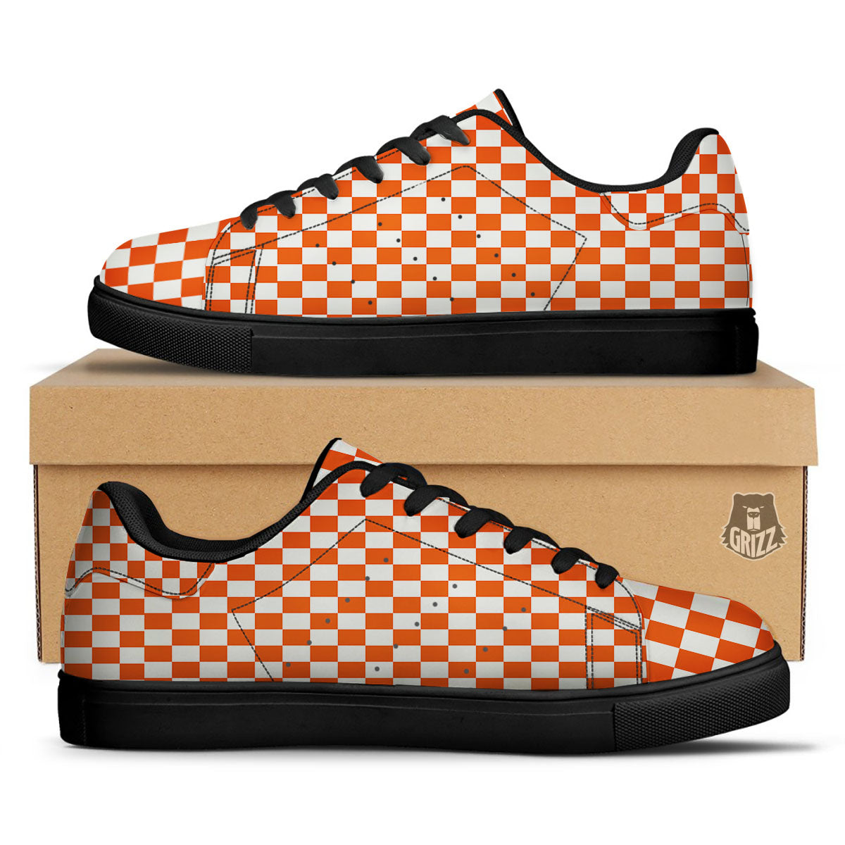 Orange And White Checkered Print Pattern Black Low Top Sneakers-grizzshop