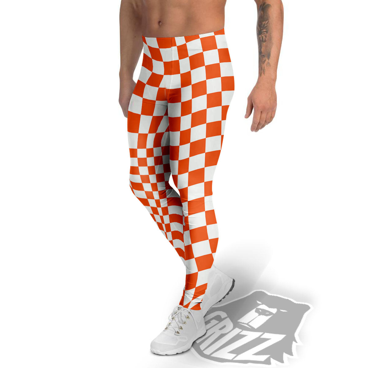 Orange And White Checkered Print Pattern Men's Leggings-grizzshop