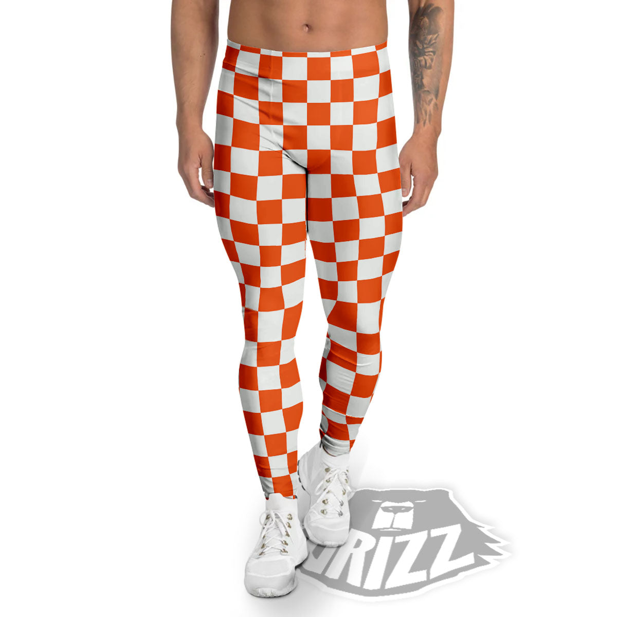 Orange And White Checkered Print Pattern Men's Leggings-grizzshop