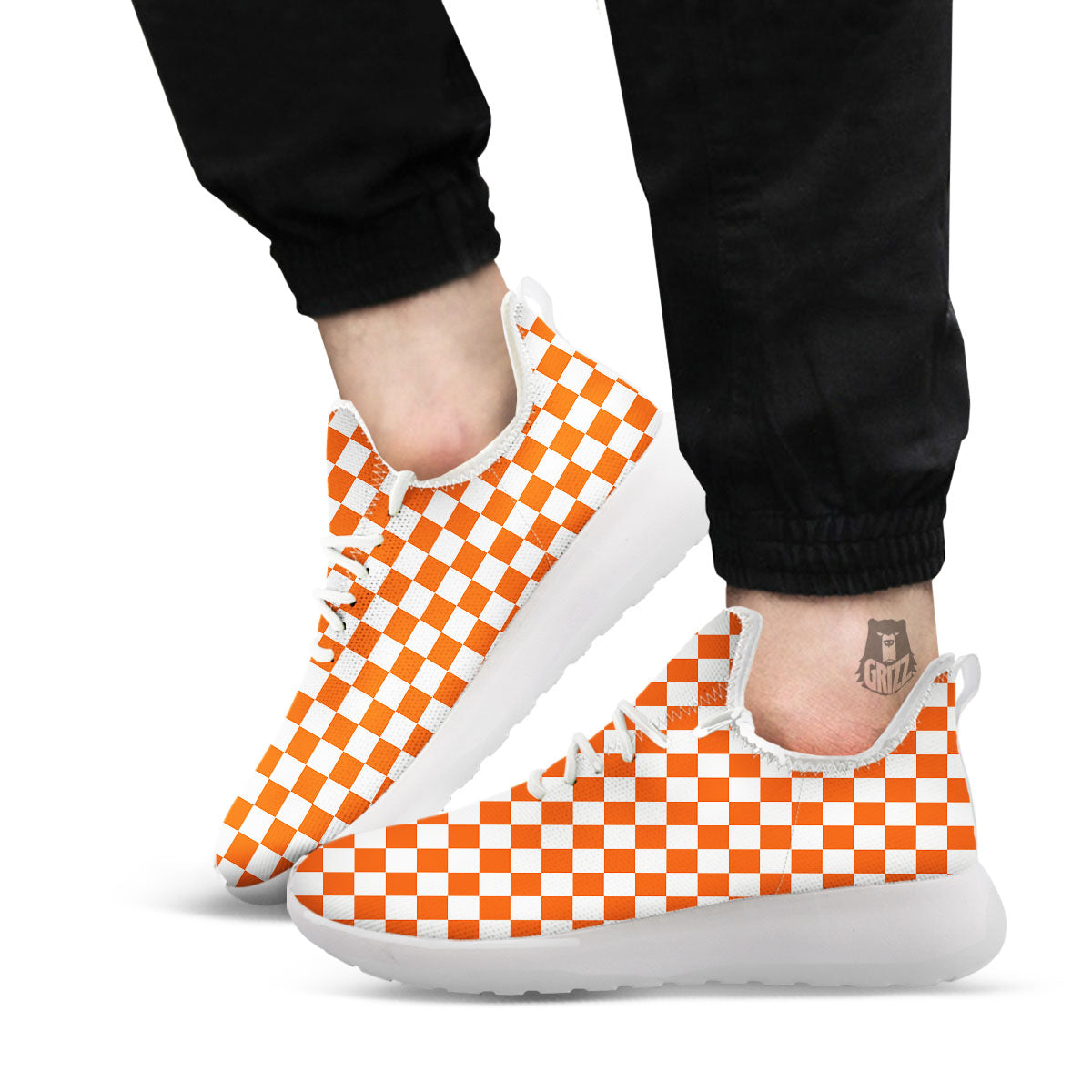 Orange And White Checkered Print Pattern White Athletic Shoes-grizzshop