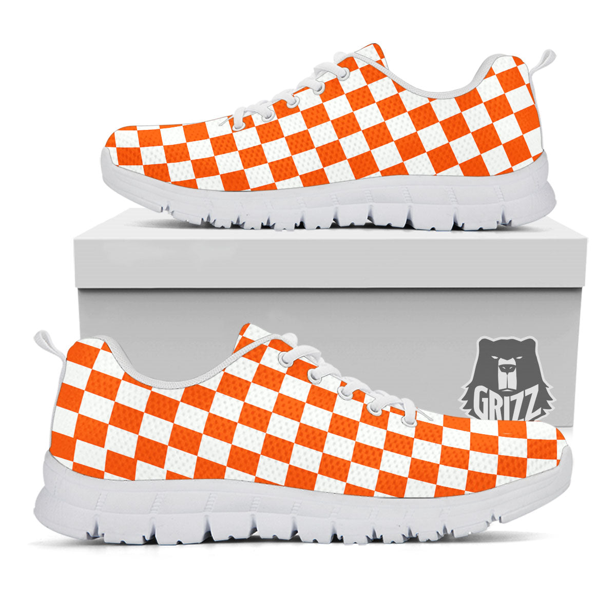 Orange And White Checkered Print Pattern White Sneaker-grizzshop