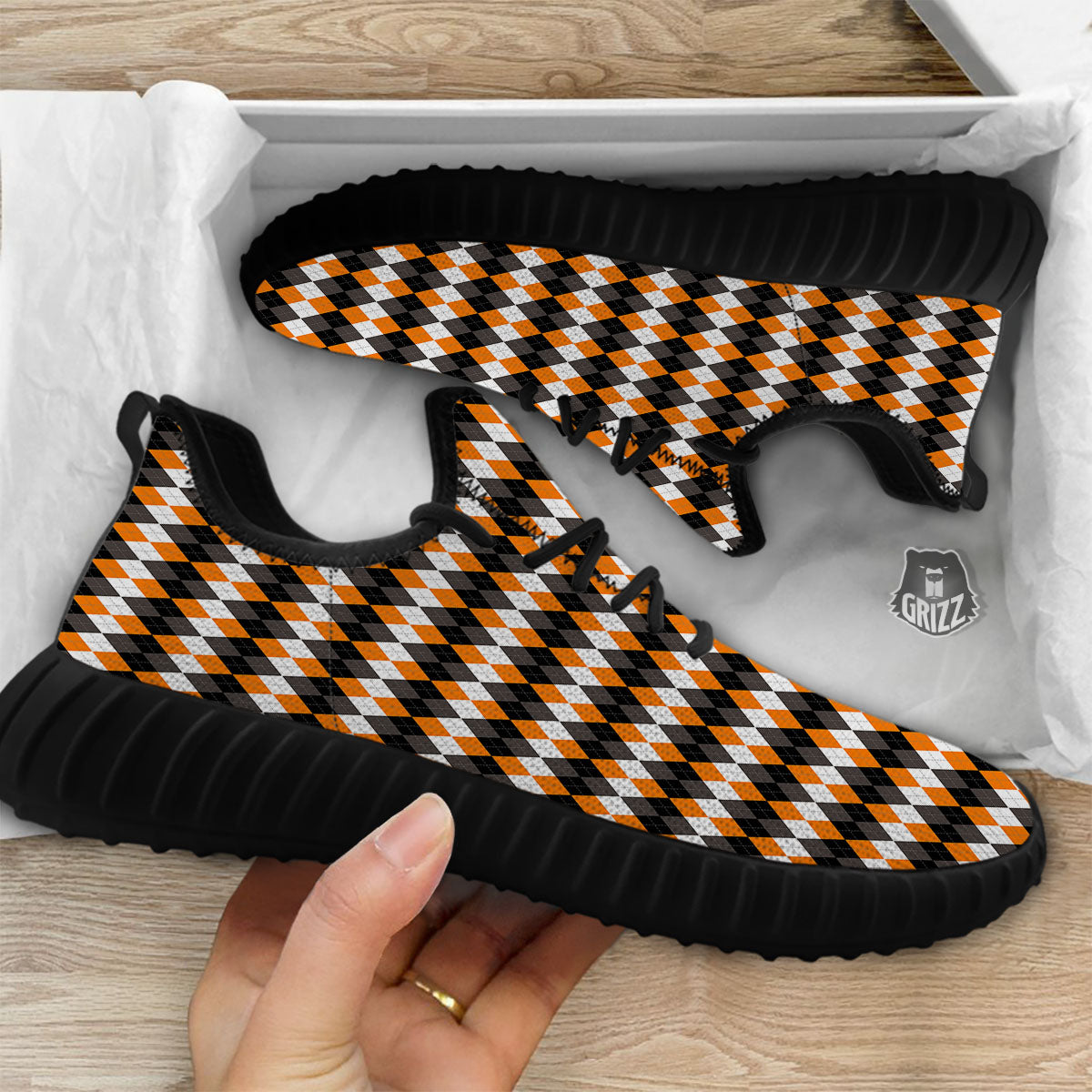 Orange And White Grey Black Argyle Print Black Walking Shoes-grizzshop
