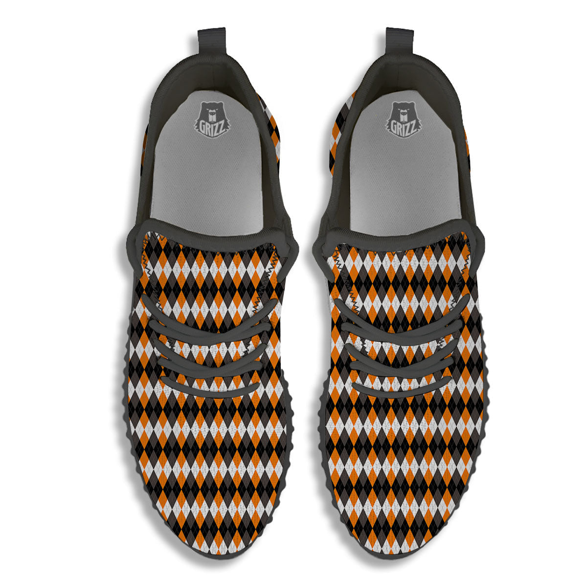 Orange And White Grey Black Argyle Print Black Walking Shoes-grizzshop