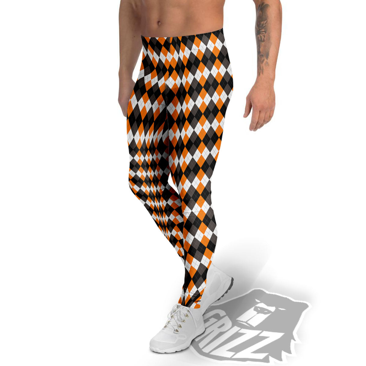 Orange And White Grey Black Argyle Print Men's Leggings-grizzshop
