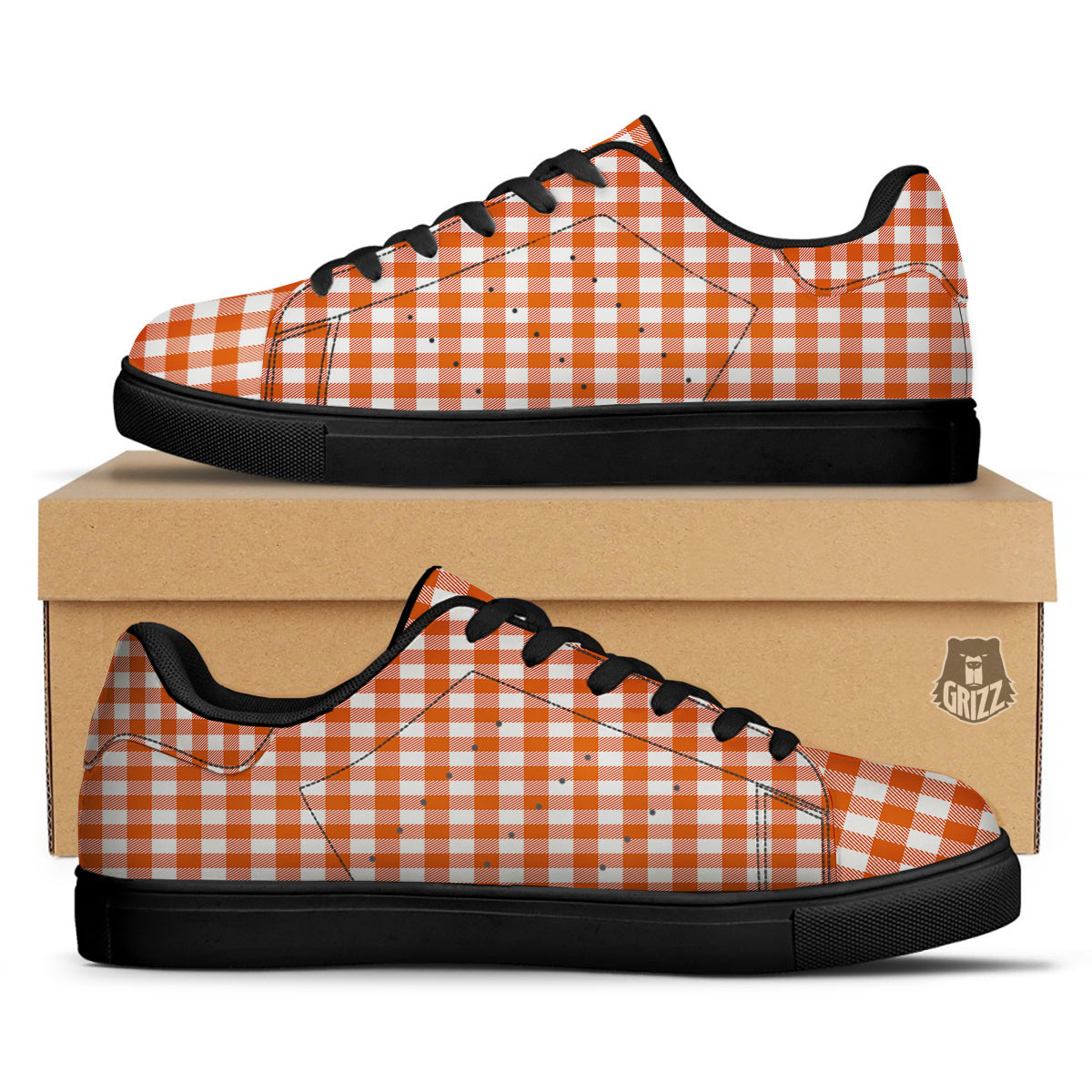 Orange Burnt And White Check Print Black Low Top Sneakers-grizzshop
