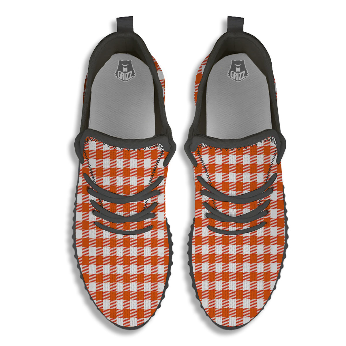 Orange Burnt And White Check Print Black Walking Shoes-grizzshop