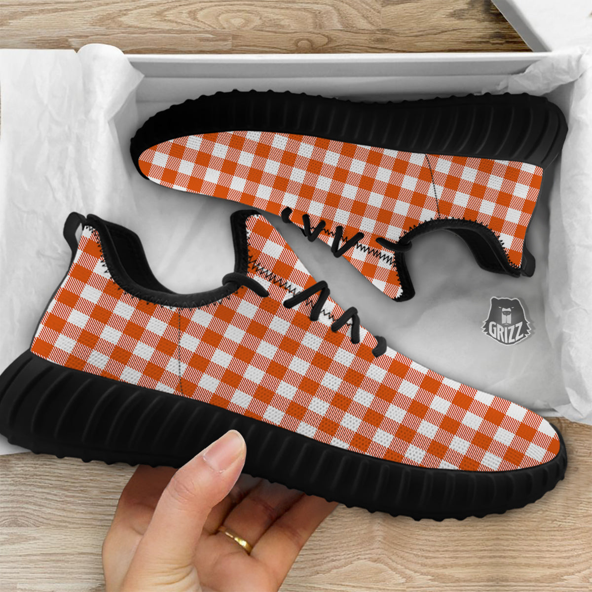 Orange Burnt And White Check Print Black Walking Shoes-grizzshop