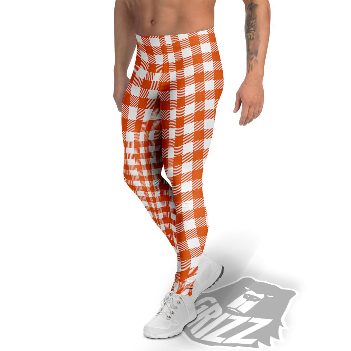 Orange Burnt And White Check Print Men's Leggings-grizzshop