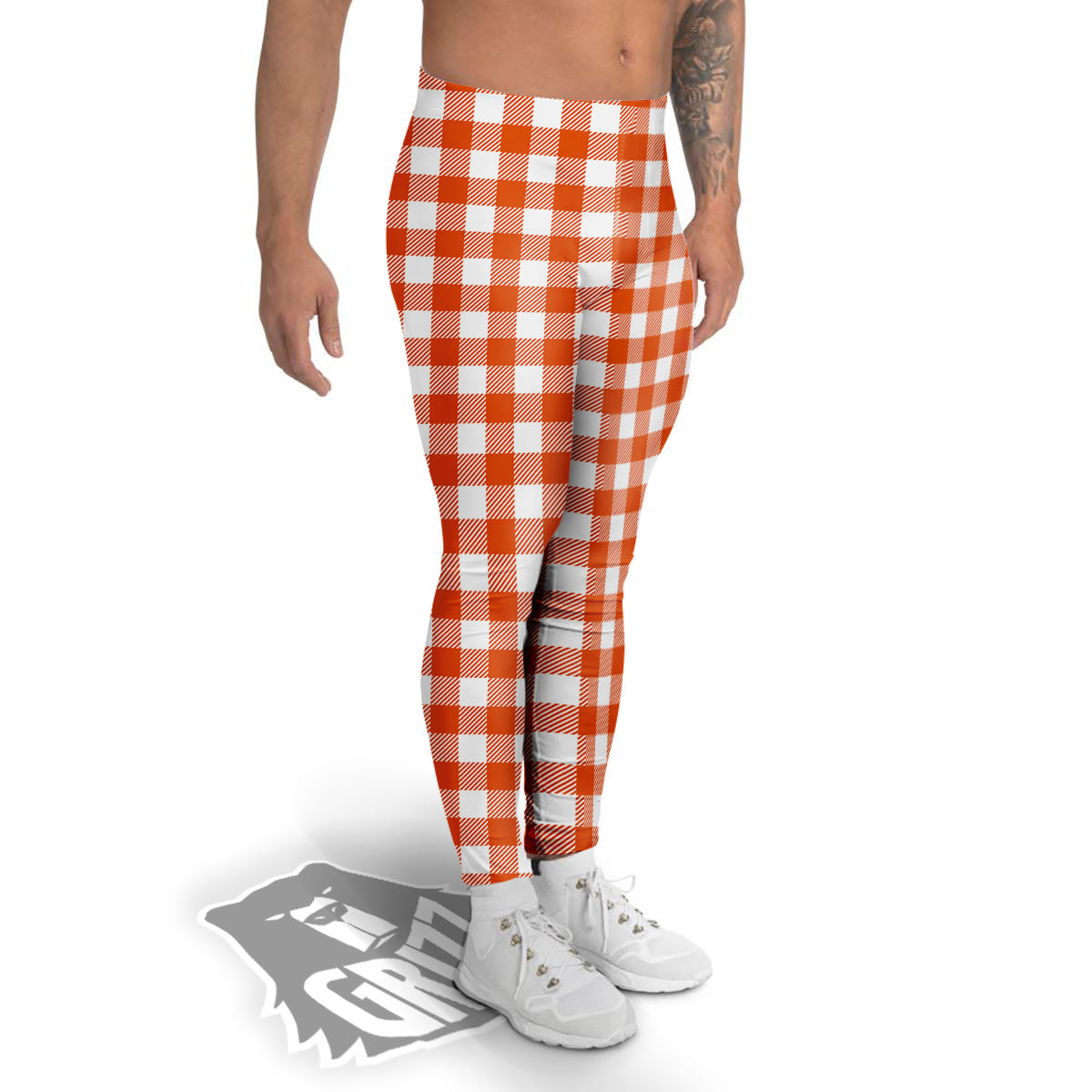 Orange Burnt And White Check Print Men's Leggings-grizzshop