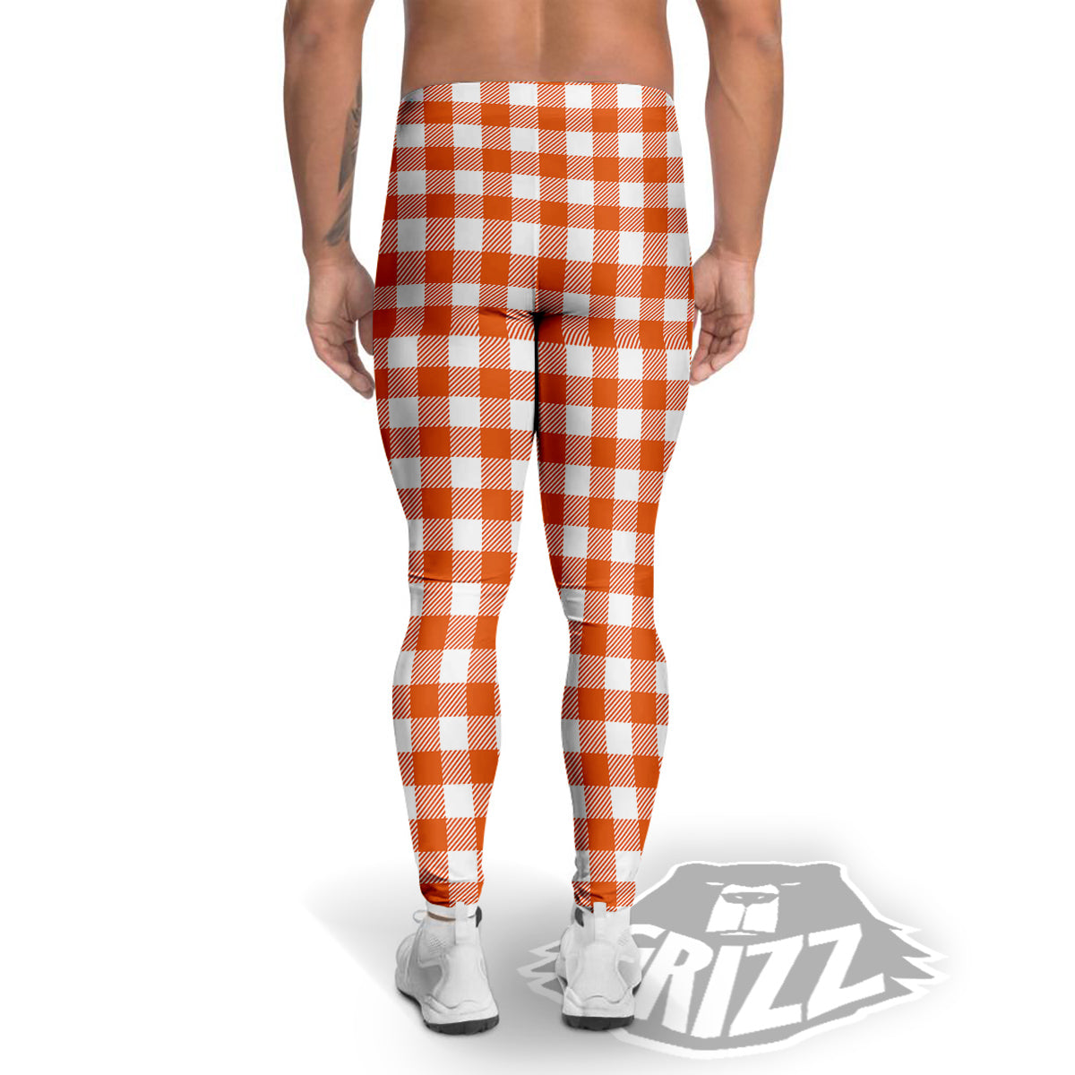 Orange Burnt And White Check Print Men's Leggings-grizzshop