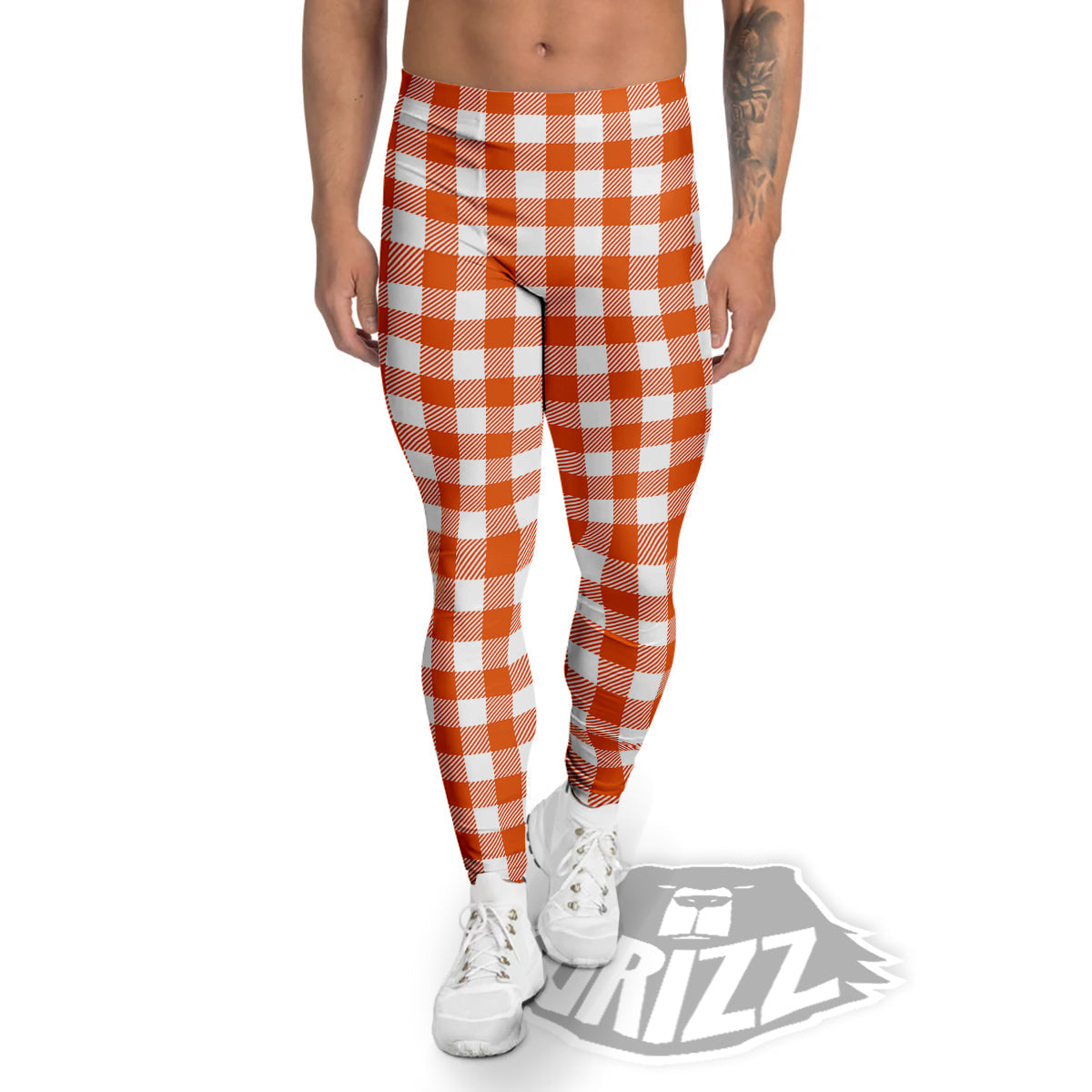 Orange Burnt And White Check Print Men's Leggings-grizzshop