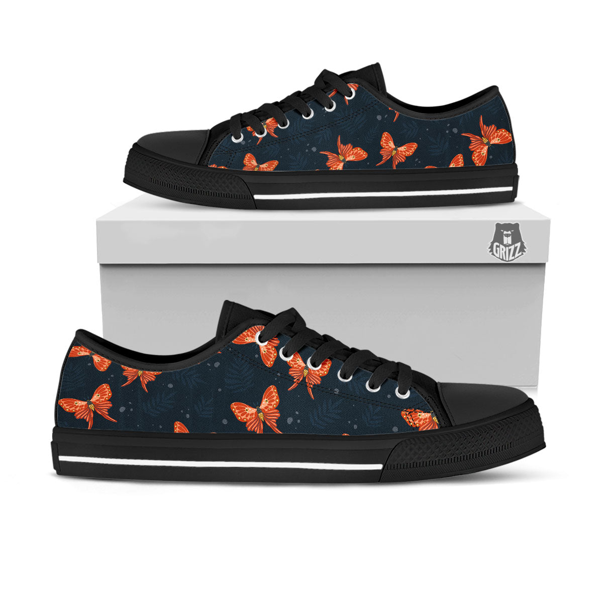 Orange Butterfly Monarch Print Pattern Black Low Top Shoes-grizzshop
