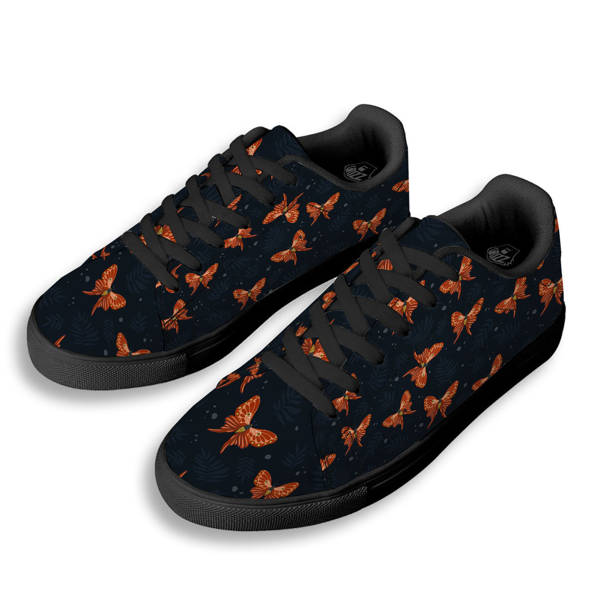Orange Butterfly Monarch Print Pattern Black Low Top Sneakers-grizzshop