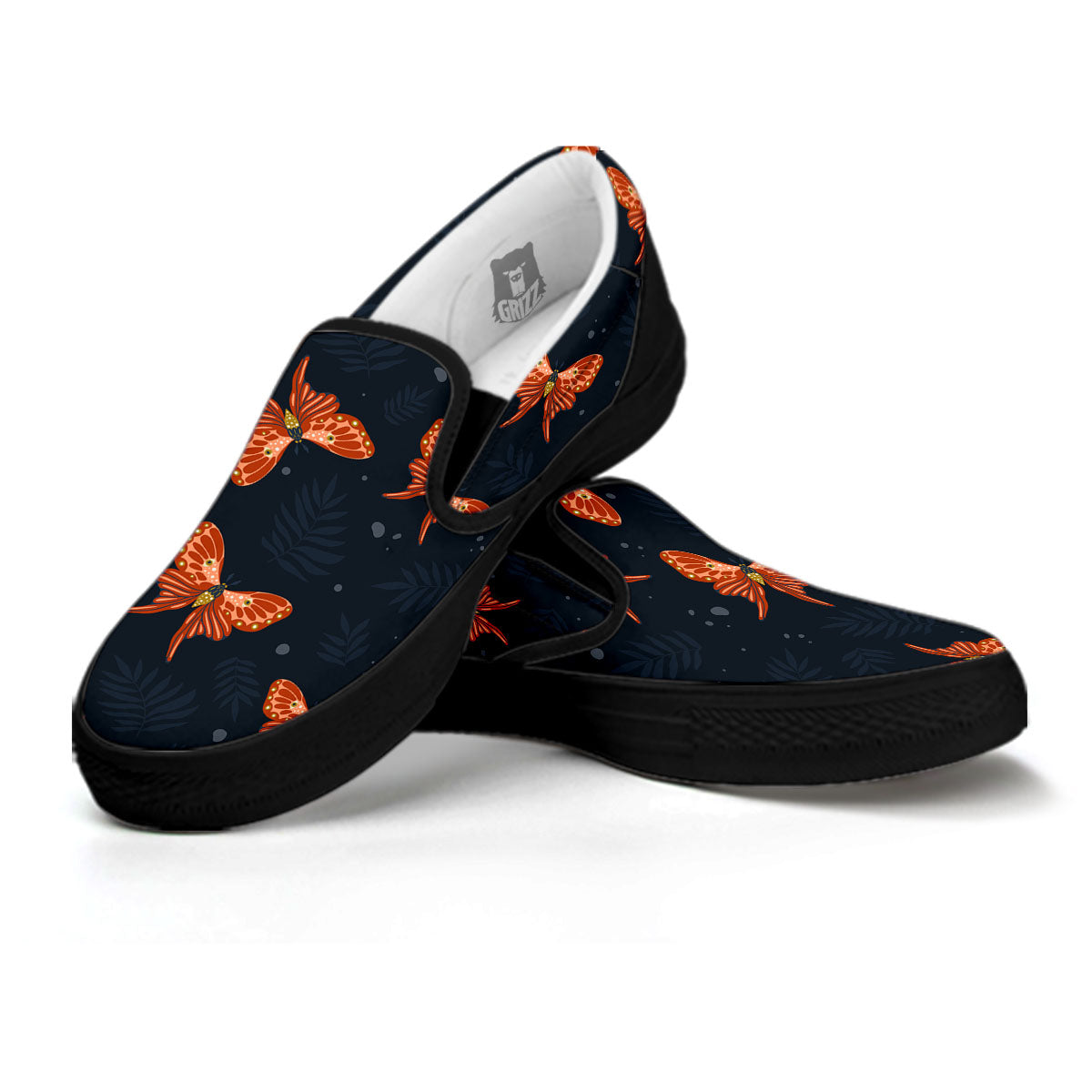 Orange Butterfly Monarch Print Pattern Black Slip On Shoes-grizzshop