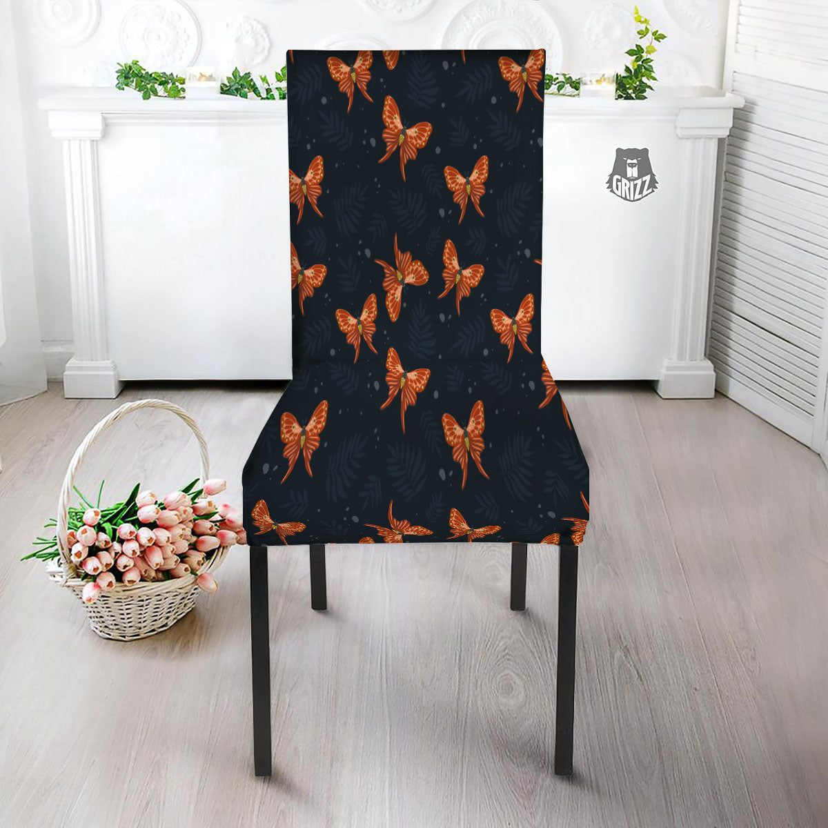 Orange Butterfly Monarch Print Pattern Dining Chair Slipcover-grizzshop