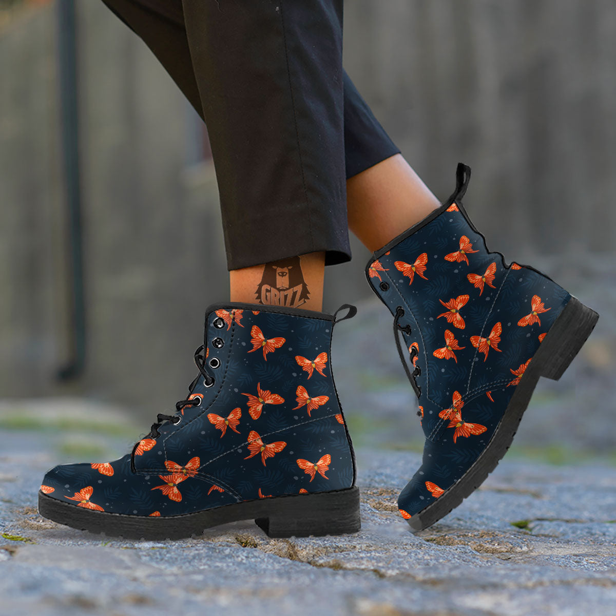 Orange Butterfly Monarch Print Pattern Leather Boots-grizzshop