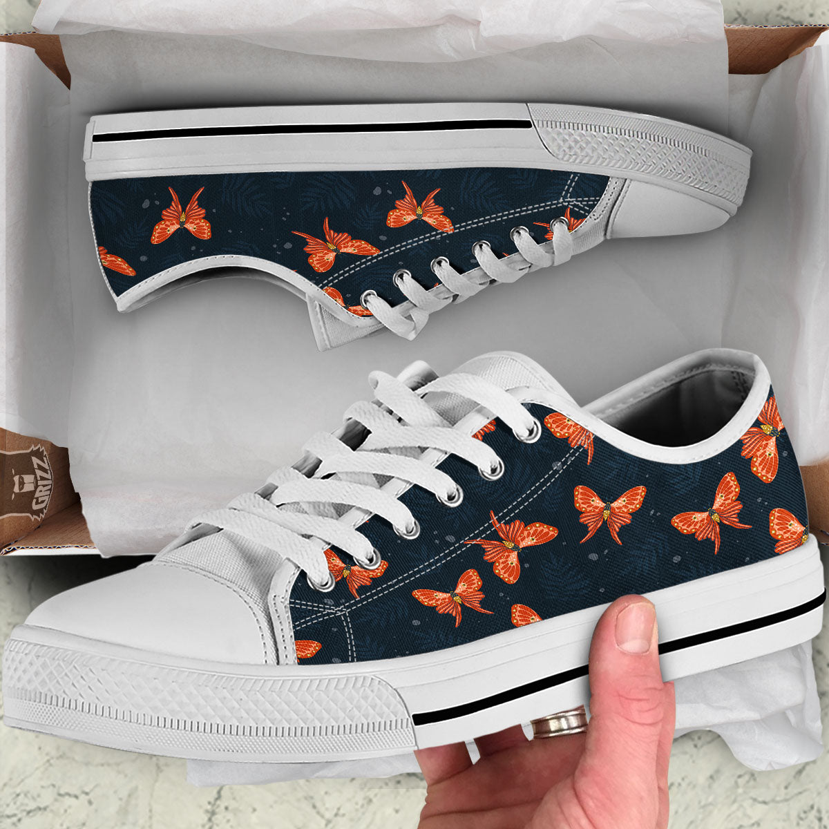 Orange Butterfly Monarch Print Pattern White Low Top Shoes-grizzshop