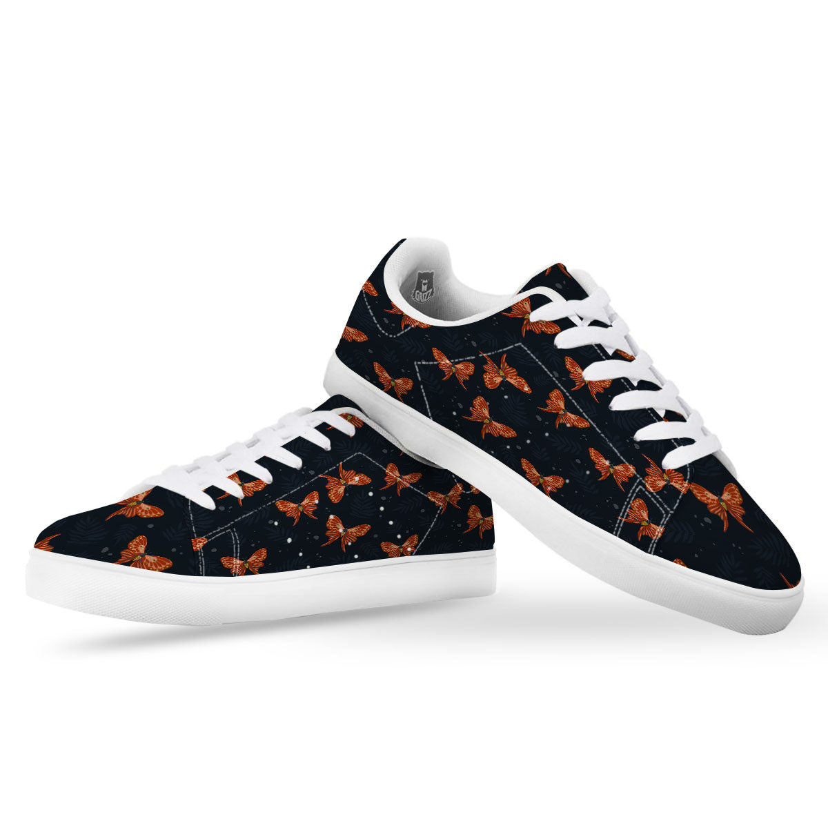 Orange Butterfly Monarch Print Pattern White Low Top Sneakers-grizzshop