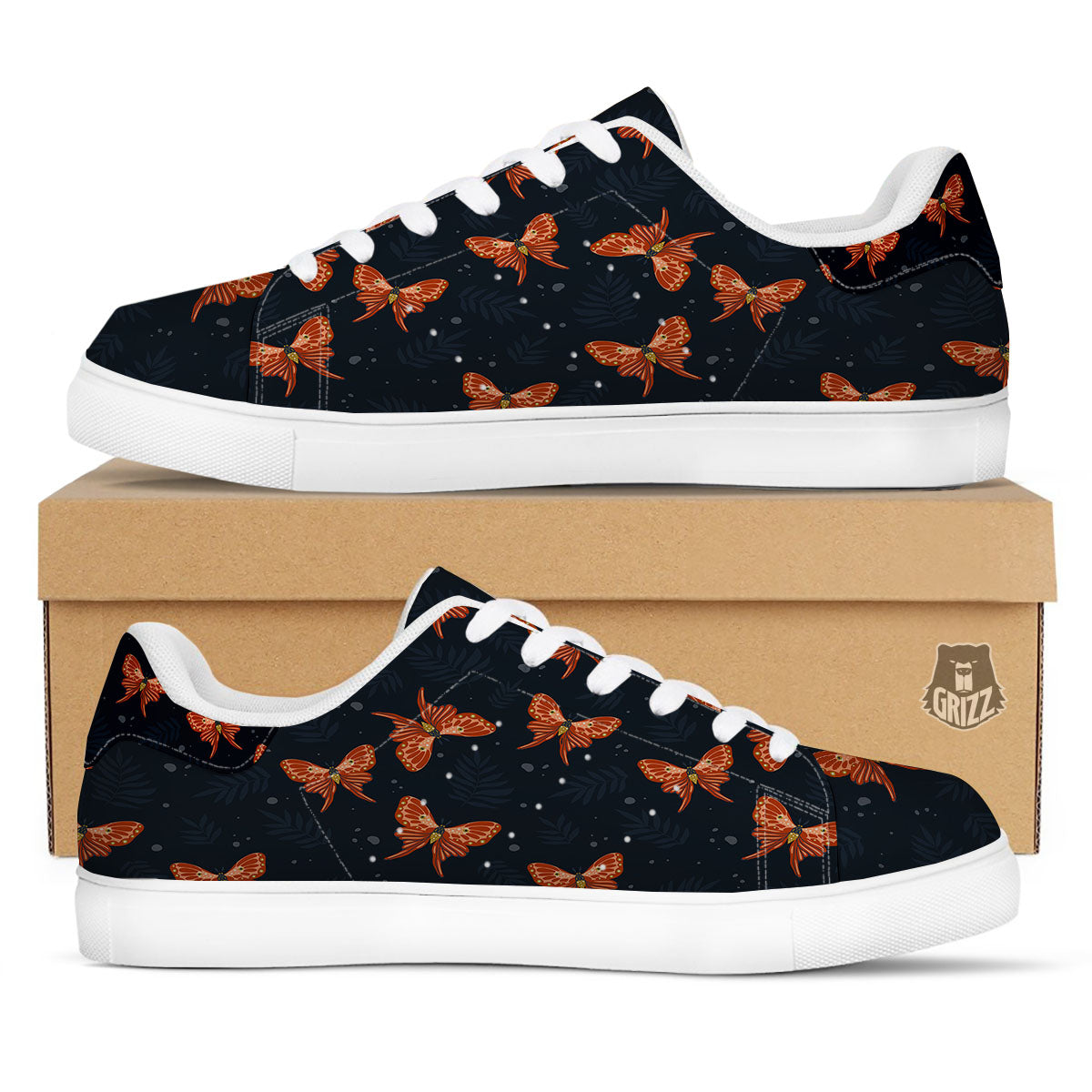 Orange Butterfly Monarch Print Pattern White Low Top Sneakers