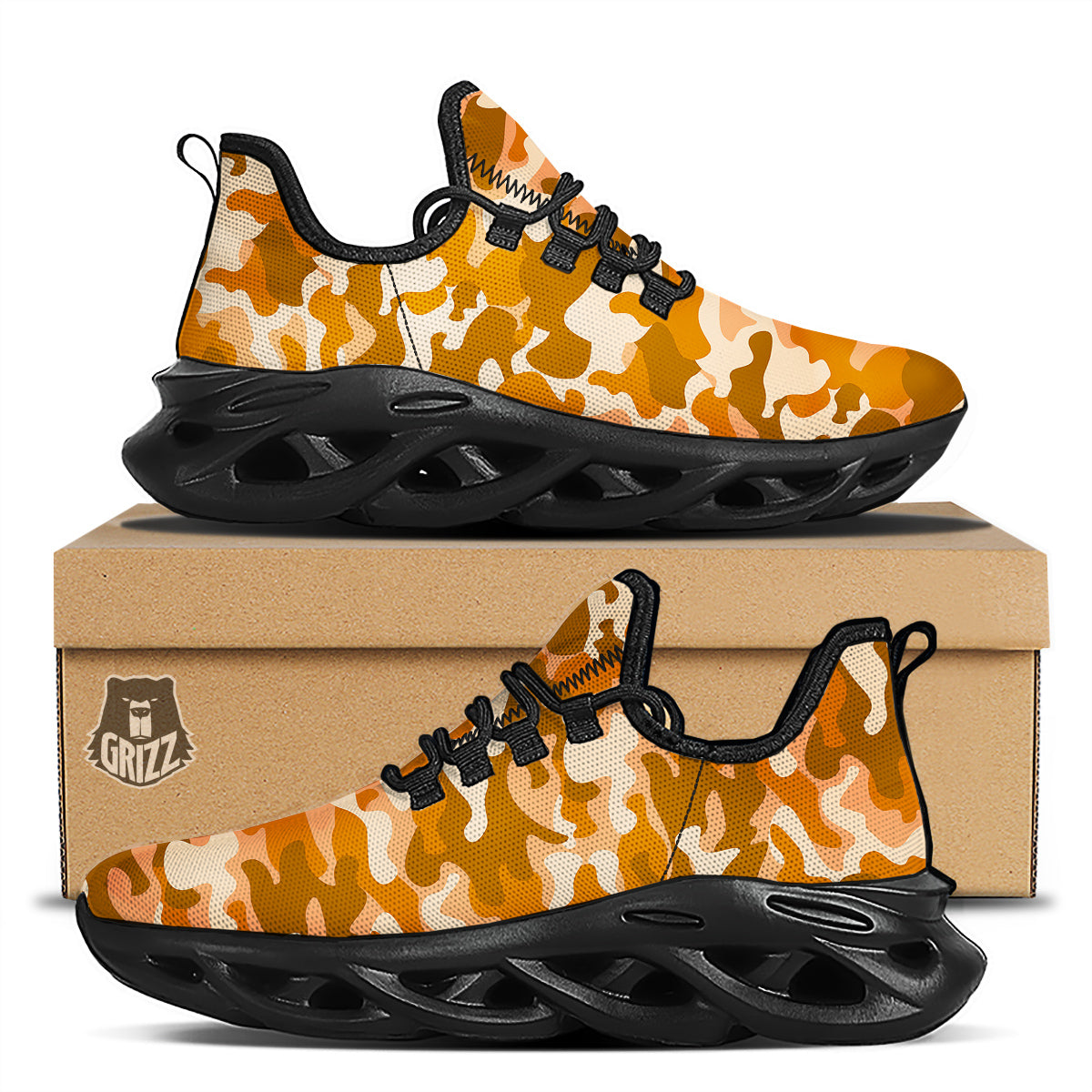 Orange Camo And Camouflage Print Black Running Shoes-grizzshop