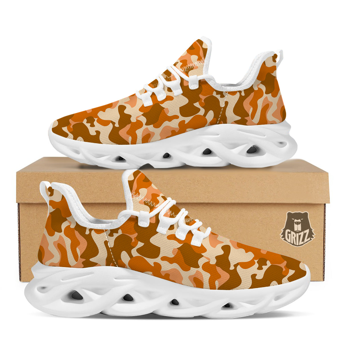 Orange Camo And Camouflage Print White Running Shoes-grizzshop