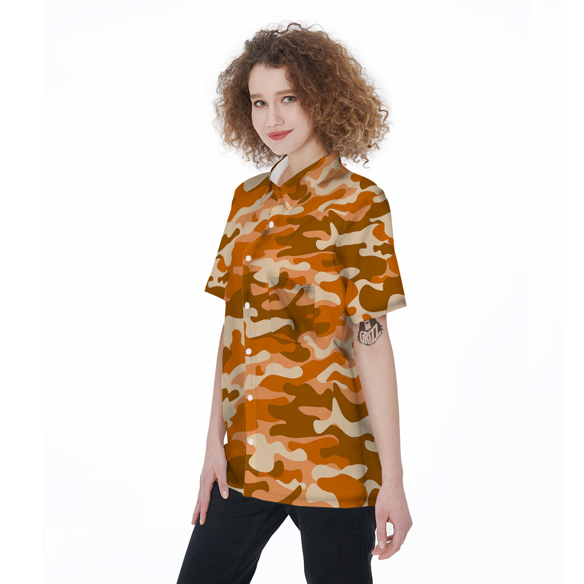 Orange Camo And Camouflage Print Women's Short Sleeve Shirts-grizzshop